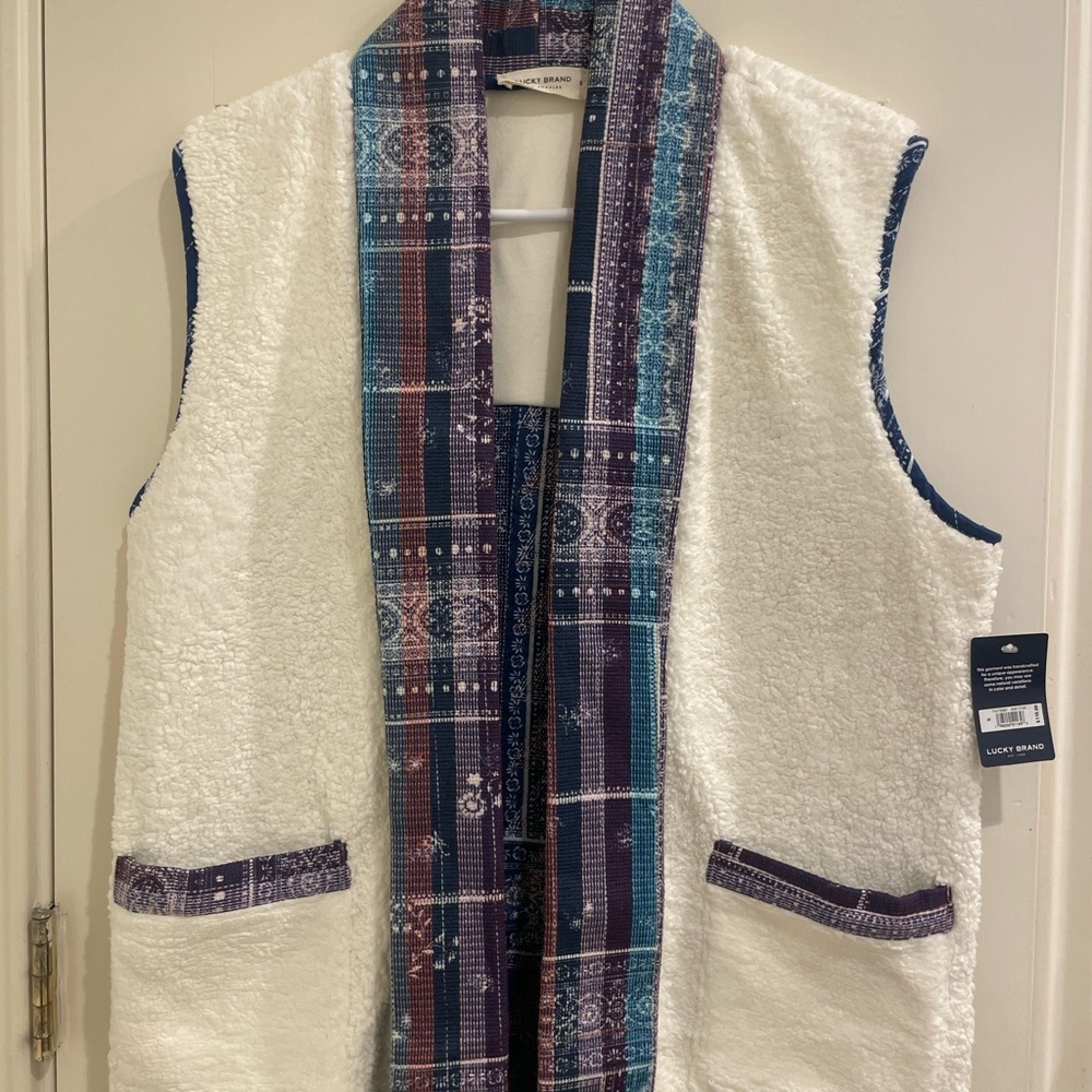 White Sherpa Vest with Patterned Trim